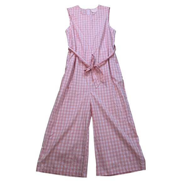 Bando Gingham Jumpsuit Wide Leg Belted Pink White Cotton Size 2X - Picture 2 of 12